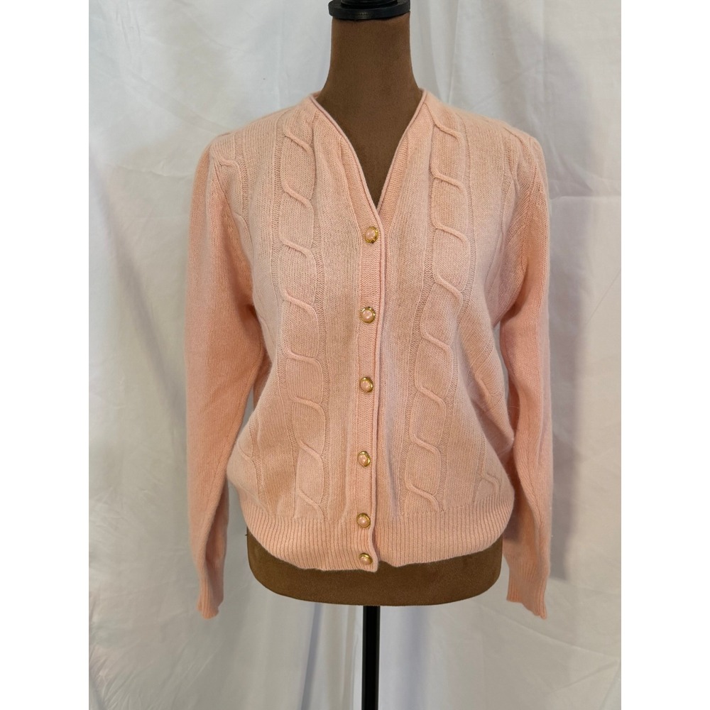 Petite Sophisticate Pink Angora Lambswool Cable Knit Cardigan Sweater Sm Vintage